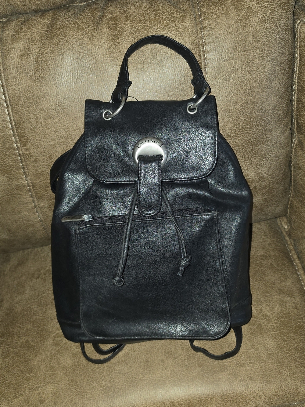 Kenneth Cole Unlisted Black Leather Drawstring Backpack/ Purse